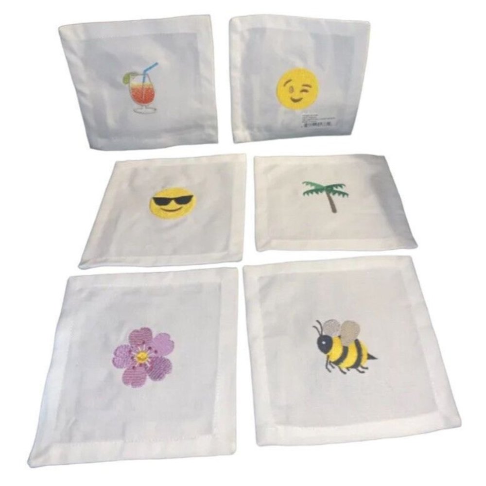 Fabric Napkins Set 6 Vary Emoji House of Pom Exclusive Embroidered Coaster India